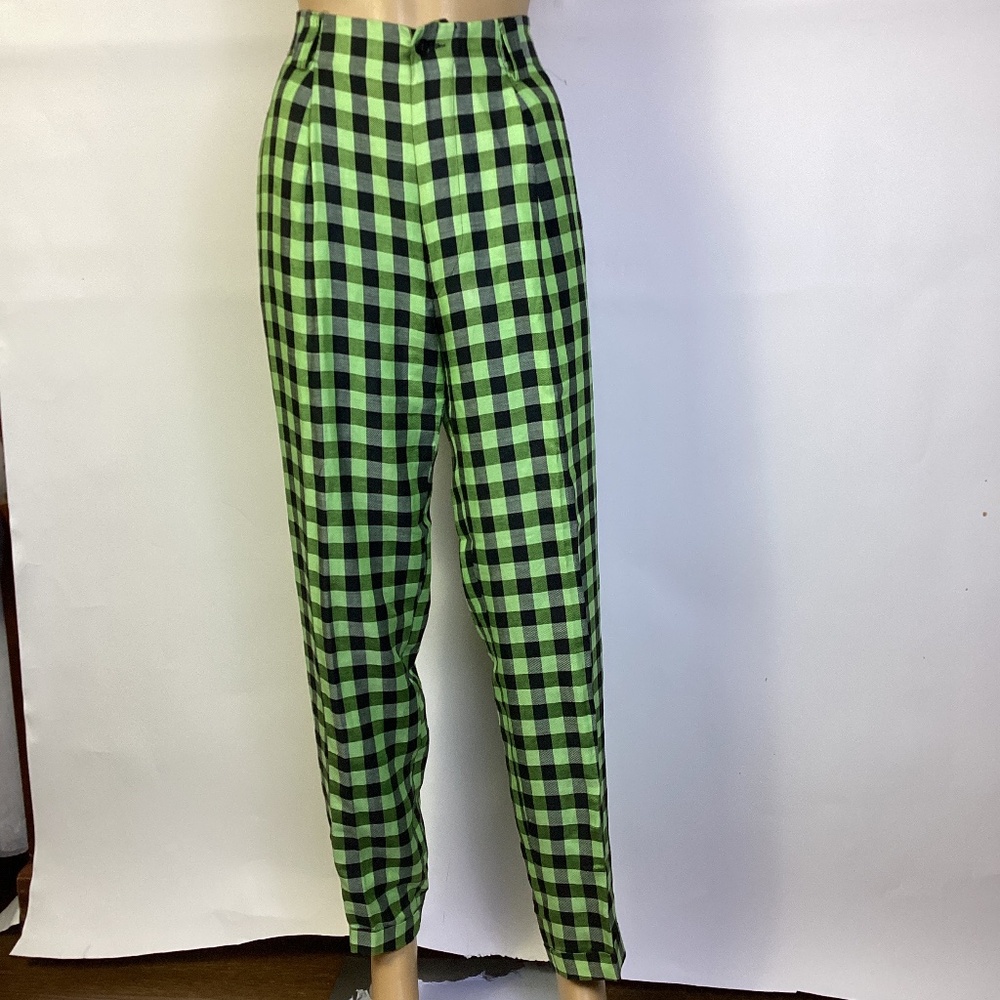 Versace Green & Black Plaid Linen Silk Tailored Trousers Sz 48 Italian 10US